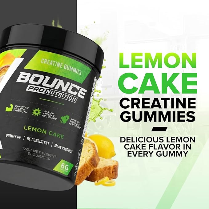 Bounce Pro Creatine Monohydrate Gummies for Men &amp Women Low Calorie 6G of Creatine per Serving Vegan Anti-Melting Gluten-Free Non-GMO (51 Count (Pack of 1) Lemon Cake)