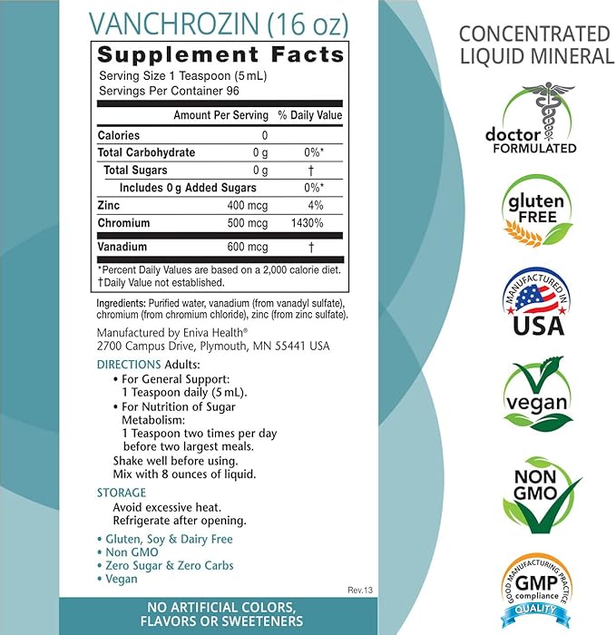 Eniva Health VANCHROZIN Liquid Ionic Minerals Supplement Vanadium Chromium &amp Zinc Diabetic Friendly 16 Fl Oz 96 Servings