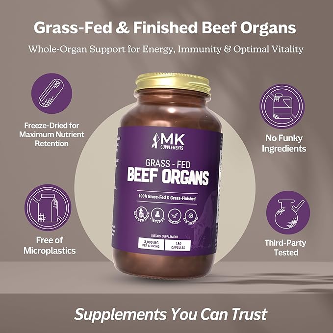 MK Supplements Grass-Fed Beef Organs Capsules | 5 Organs in Nature-Identical Ratios | B12 Copper &amp Heme Iron | Regeneratively Raised | 150 Capsules
