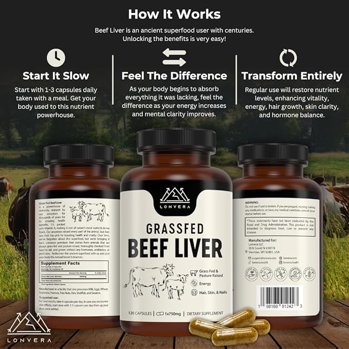 Grass Fed Beef Liver Capsules for Women and Men – 3000mg Freeze Dried Desiccated Organs – Nutrient Source for Joints Bones Hair Skin Nails &amp Daily Energy – 120 Pasture-Raised Capsules