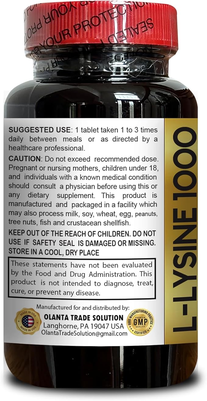 L-LYSINE 1000 mg Free Form Amino Acid Essential - Immune Support Supplement Promotes Calcium Absorption Supplements for Performance Muscle Growth &amp Recovery - 2 Bottles 200 Counts