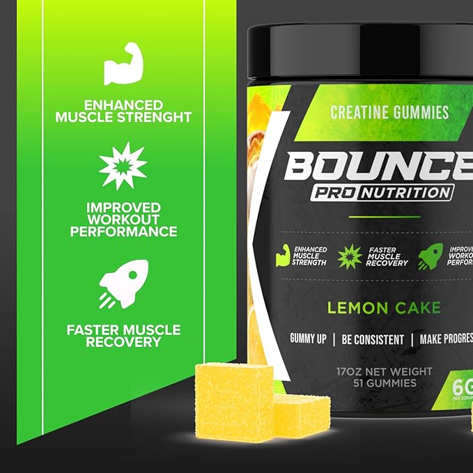 Bounce Pro Creatine Monohydrate Gummies for Men &amp Women Low Calorie 6G of Creatine per Serving Vegan Anti-Melting Gluten-Free Non-GMO (51 Count (Pack of 1) Lemon Cake)