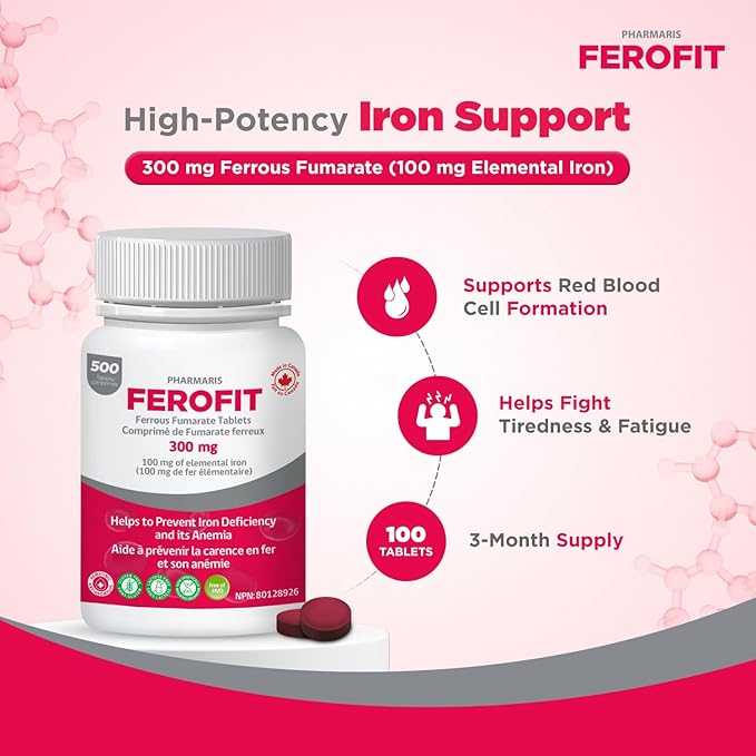 Pharmaris Ferofit - Ferrous Fumarate 300mg (100mg Elemental Iron) Prevents Anemia Due to Deficiency Iron Supplement for Women &amp Men 500 Tablets
