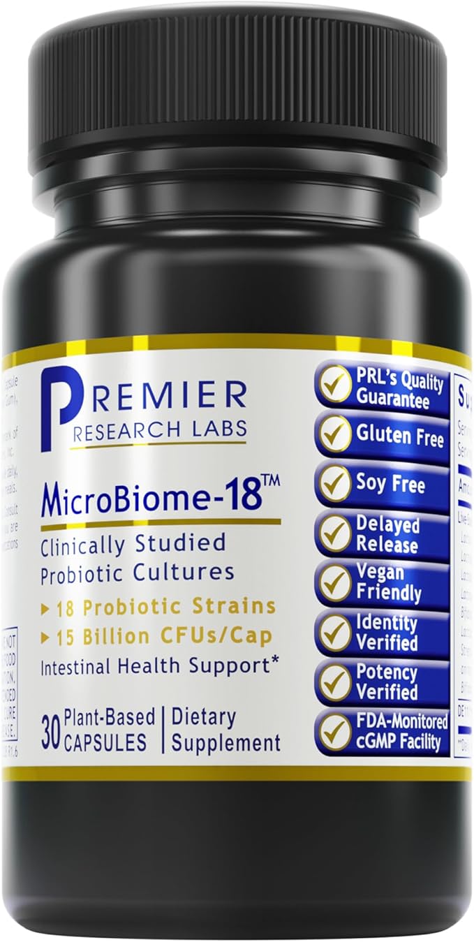 Premier Research Labs MicroBiome-18 - Probiotics for Digestive Health Probiotics with Lactobacillus Acidophilus for Women and Men Reuteri for Healthy Gut Microbiome - 30 Vegetarian Capsules