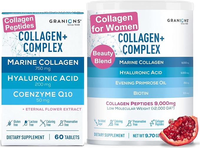 Granions Collagen Complex CoQ10 and Marine Collagen Pomegranate Powder Anti-Aging Bundle