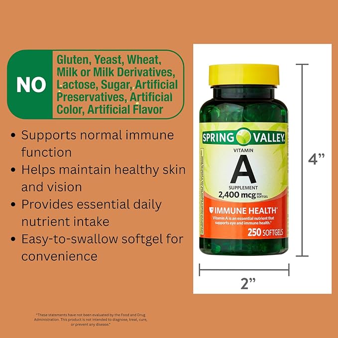 1 Pack Vitamin A 2400 mcg Softgels 250 Count (1 Bottle) + Vitamin Guide &amp Sticker Included