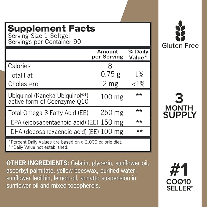 Qunol Plus Ubiquinol CoQ10 100mg with Omega 3 Fish Oil 250mg Extra Strength Antioxidant Supplement 90 Count