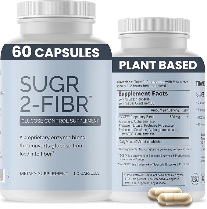 OPTIVIDA Sugr-2-Fibr - Natural Blood Sugar Support Supplement with Enzyme Technology - Glucose Support Supplement - Sugar to Fiber for Gut &amp Energy Levels - Blood Sugar Supplement - 60 Vegan Capsu