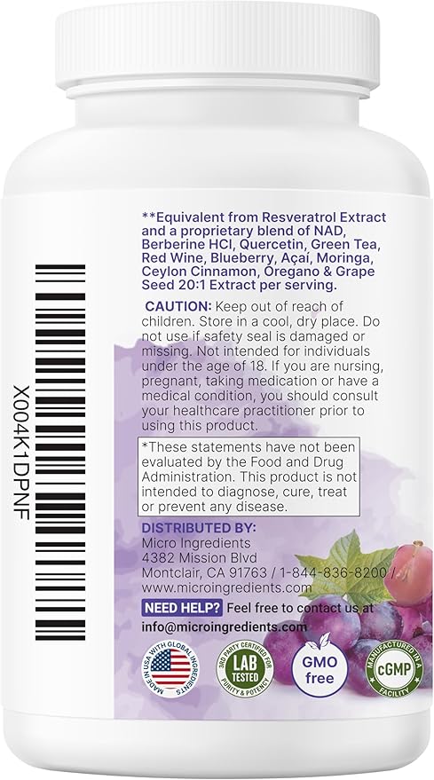 Micro Ingredients Resveratrol NAD Complex 3000mg for Women &amp Men 240 Veggie Capsules | NMN Supplement Alternative | 11-in-1 Blend with NAD+ Quercetin Moringa Berberine Grape Seed &amp Oreg