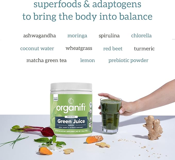 Organifi Green Juice - Powder Supplement with Organic Spirulina Ashwagandha and Chlorella - Helps Achieve Fitness Goals and Reduce Cortisol Levels 30-Day Supply