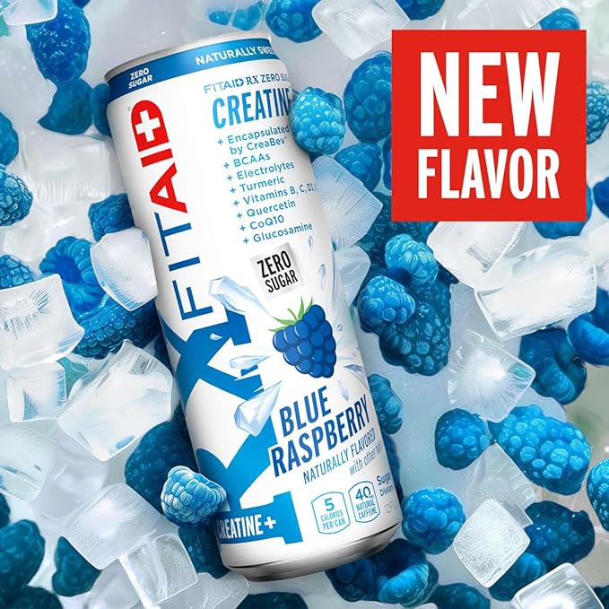 Lifeaid Fitaid Rx + Creatine Drink Blue Raspberry Zero Sugar Vegan Kosher Keto Friendly Gluten Free 12 Fluid Ounce (Pack of 12) - Packaging May Vary