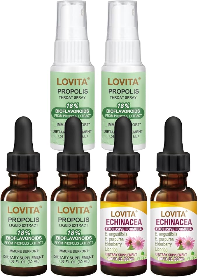 LOVITA Complete Defense Bundle - 2 Propolis Drops 2 Throat Sprays &amp 2 Echinacea Extracts Total Throat &amp Immune Care (6 Pc Value Pack)