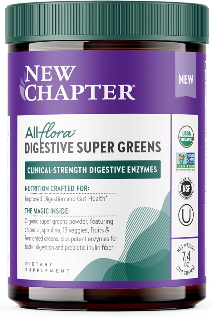 New Chapter All-Flora Digestive Super Greens Powder for Gut Health - Clinical-Strength Digestive Enzymes + USDA Organic Chlorella Spirulina Fermented Greens – Delicious &amp 100% Vegan 30 Servings