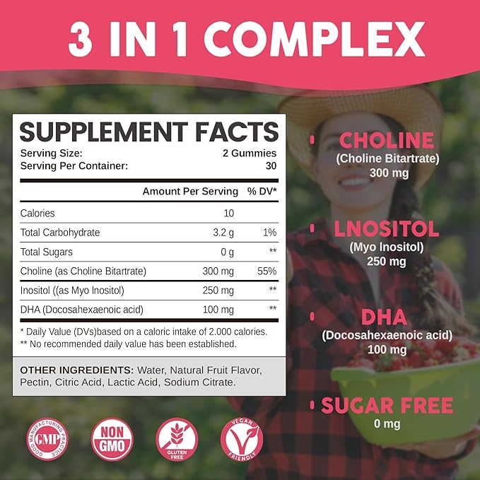Prenatal Choline Inositol Gummies Chewable Choline Supplement with DHA Prenatal Vitamin for Women &amp Kids Support Nervous System Immune &amp Brain Health Vegan Strawberry Flavor Sugar Free
