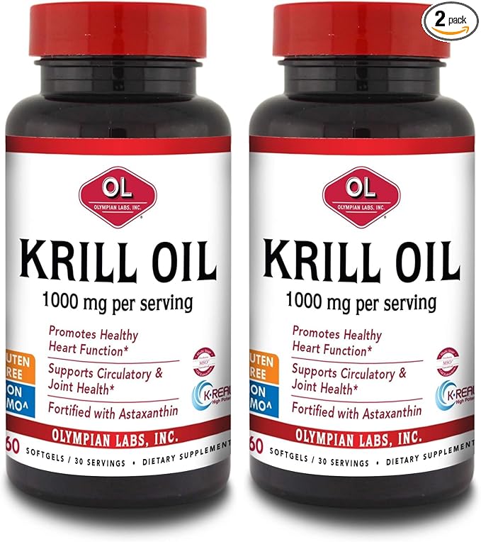 Olympian Labs Antarctic Krill Oil 1000mg Caps with Astaxanthin Omega-3 EPA DHA Immune Joint &amp Brain Support 60 Softgels (Pack of 2)