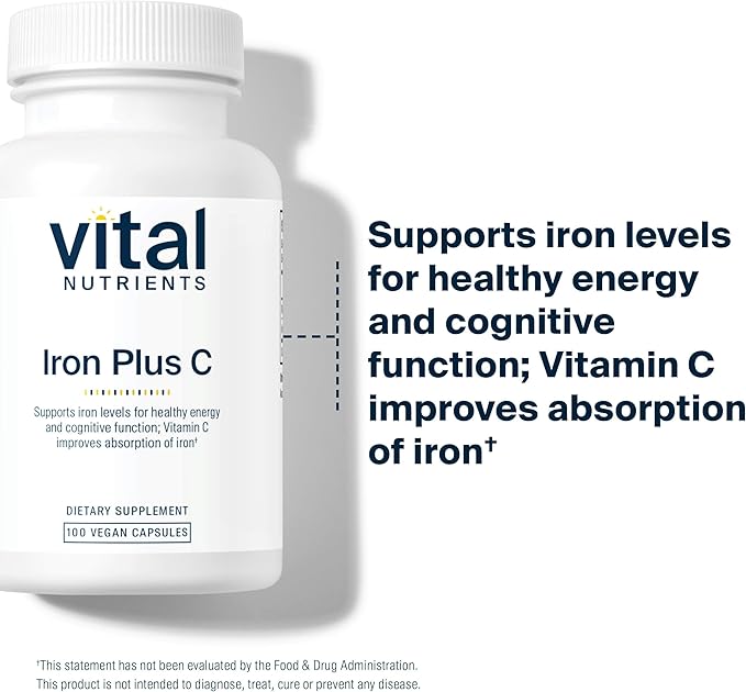 Vital Nutrients Iron Plus C - Vegan Iron Supplement - 20mg Fe with 200mg Vitamin C to Increase Fe and Energy Levels - Gluten Dairy Soy Free - Non-GMO - 100 Capsules