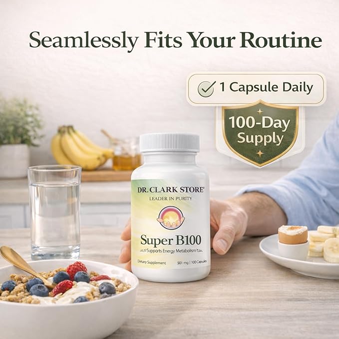 Dr Clark Store Vitamin B Complex (Super B100) 100 Gelatin Capsules 100 Day Supply Methylcobalamin B12 for Daily Vitality Nervous System &amp Antioxidant Support No Synthetic Fillers Easy to Dig