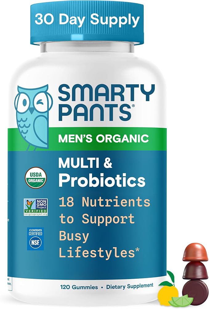 SmartyPants Multivitamin for Men Organic Gummies: Probiotics CoQ10 Methylfolate Omega 3 (ALA) Vitamin D3 C Vitamin B12 B6 A K &amp Zinc for Immune Support Biotin 120 Gummies (30 Day Suppl