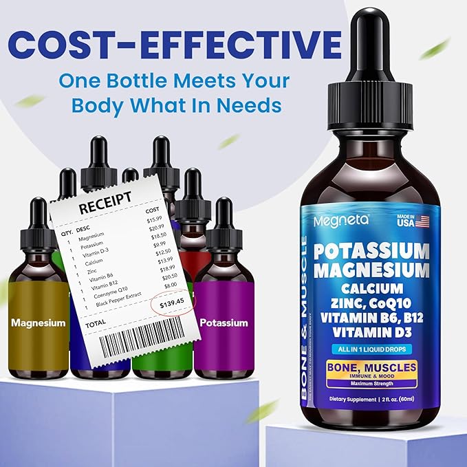 Potassium Magnesium Calcium Zinc Liquid Complex – Chelated Minerals with D3 B6 B12 &amp CoQ10 for Superior Absorption Heart Bone Muscle Sleep &amp Anti-Aging Support 2 Fl Oz(60ml)