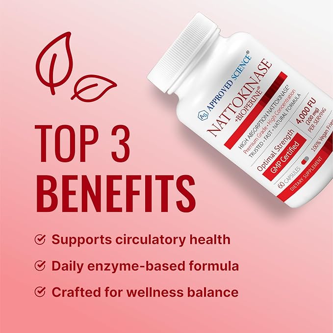 Approved Science Nattokinase - 4000 FU - 200 mg - Free of Vitamin K2 - Contains BioPerine - One Month Supply - Vegan Non-GMO - 60 Capsules