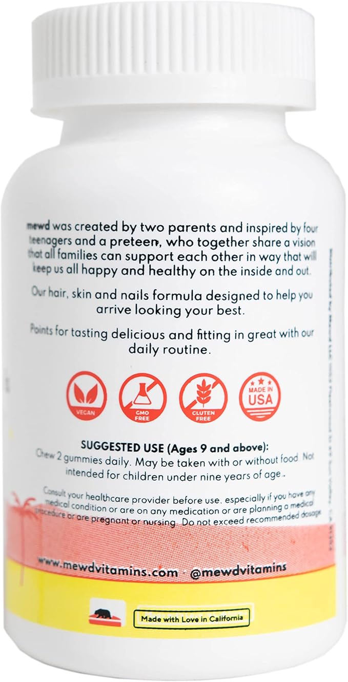 MEWD Teen and Kids Hair Skin &amp Nails Support Multivitamin Gummies - Biotin Strength &amp Growth with Zinc Vitamins A D3 B1 B2 B6 &amp B12 - Gluten-Free Non-GMO for Girls &amp Boys - 60 C