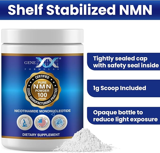 Genex Formulas Pure NMN Powder 100 Grams Instant Dissolve Shelf Stable Non-Synthetic PVP Free Ultra-Low Density 99.9% Pure NMN Made in a US-Based GMP NSF &amp FSSC 22000 Certified Facility