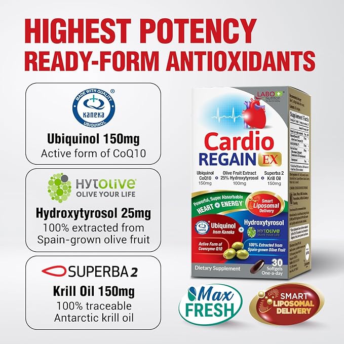 LABO Nutrition CardioREGAIN EX – Ubiquinol CoQ10 Supplement with Kaneka QH 150mg Olive Fruit Extract (25% Hydroxytyrosol) Krill Oil – Heart Cellular Energy Liposomal Absorption Non-GMO Soy-Free