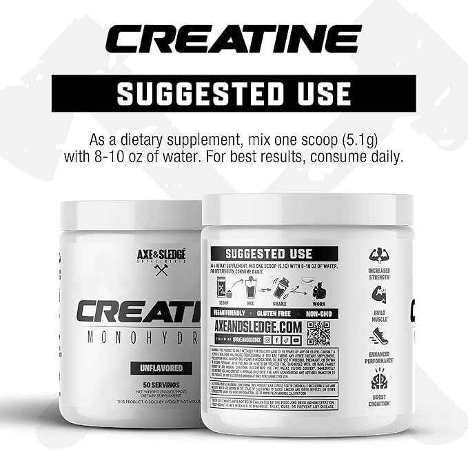 Axe &amp Sledge Basics Creatine | Unflavored Enhances Strength &amp Performance Increases Lean Body Mass 50 Servings | Pure Creatine Monohydrate No Fillers or Artificial Substances | 50 Servings