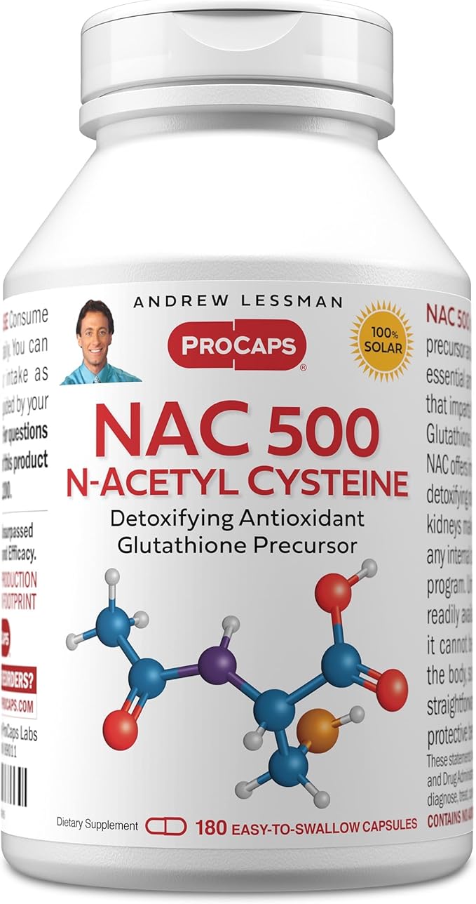 ANDREW LESSMAN NAC-500 N-Acetyl Cysteine 180 Capsules - Helps Combat Daily Onslaught of Damaging Free Radicals Protects Brain Heart Lungs Liver Kidneys. Detoxifying Anti-oxidant. No Additives