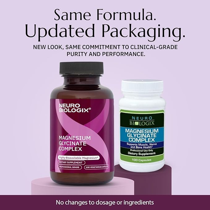 Neurobiologix Magnesium Glycinate Complex TRAACS ® Magnesium Bisglycinate Chelate for Muscle Nerve &amp Bone Support Gentle Easy-to-Digest Magnesium Supplement Non GMO Gluten Free 100 Capsules