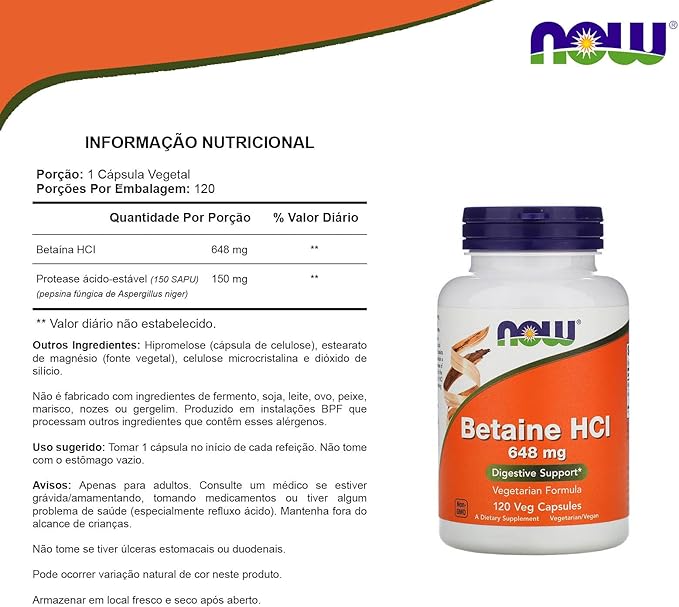 Now Foods Betaine HCl 648 mg with 150 mg of Pepsin 120 Capsules 2 Pack