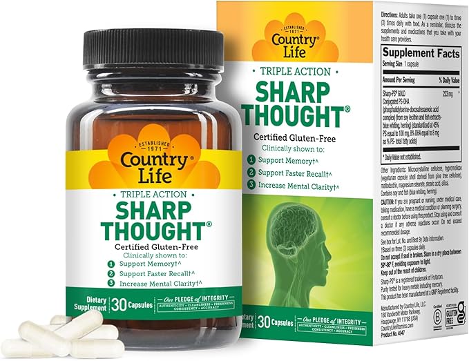Country Life Sharp Thought - Memory &amp Cognitive Support Supplement – Sharp-PS Gold Phosphatidylserine + DHA – Promotes Mental Clarity &amp Faster Recall – Gluten-Free 30 Capsules
