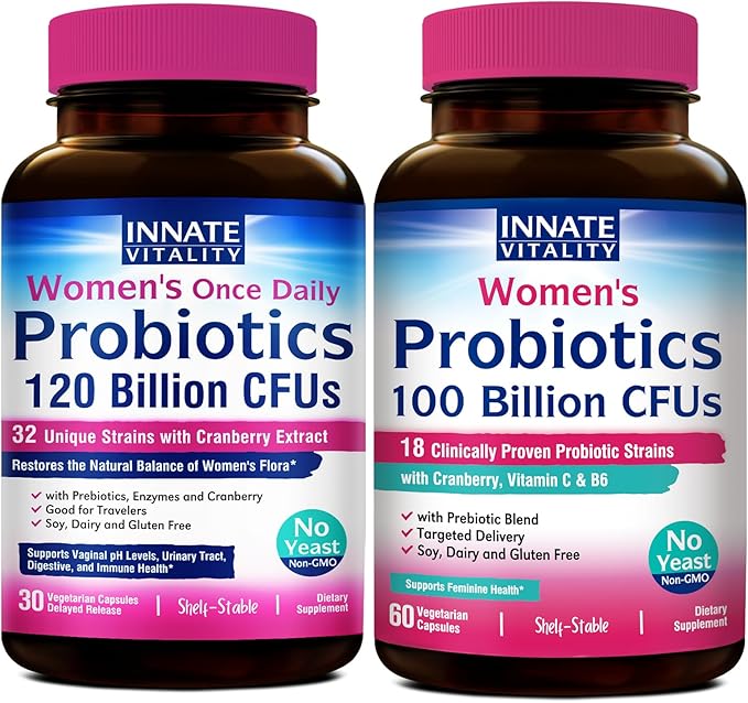 Innate Vitality Women's Probiotic Wellness Bundle | Advanced Gut &amp Intimate Health Support | Probiotics with Prebiotics Multiple Strains | Cranberry Vitamin C &amp B6 | Non-Refrigerated Daily C