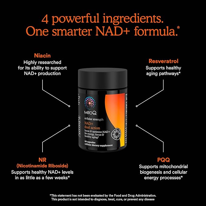 MitoQ NAD+ Dual Action Supplement | Niacin (Niacinamide) Nicotinamide Riboside (NR) Resveratrol &amp PQQ | Support Energy Focus &amp Healthy Aging | 60 Capsules