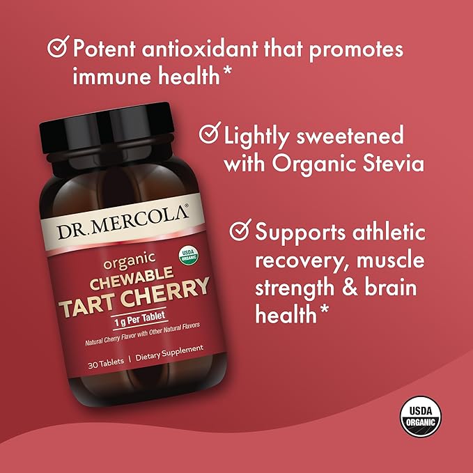 Dr. Mercola Organic Chewable Tart Cherry - Antioxidant Support - Made from Whole-Fruit Montmorency Cherries - USDA Organic - Stevia Sweetened - 30 Tablets