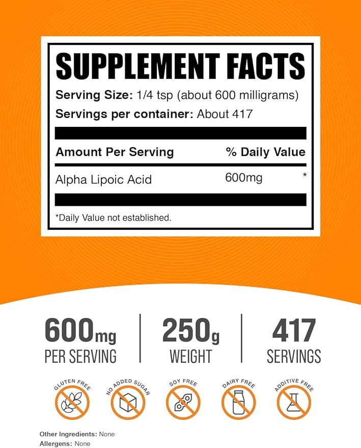 BulkSupplements.com Alpha Lipoic Acid Powder - ALA Supplement Antioxidant Supplement - Gluten Free 600mg per Serving 250g (8.8 oz) (Pack of 1)