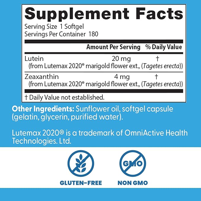 Doctor's Best Lutein Supplement 20mg with Zeaxanthin - Lutein for Eyes Eye Health Vitamins for Men &amp Women Vision and Macular Health Support Lutemax 2020 Marigold Flower Extract - 180 Softgels