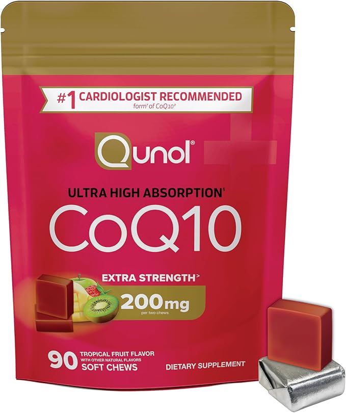 Qunol CoQ10 200mg Soft Chews Extra Strength &amp Ultra High Absorption Coenzyme Q10 Supplement #1 Cardiologist Recommended Supplement for Heart Health 90 Count