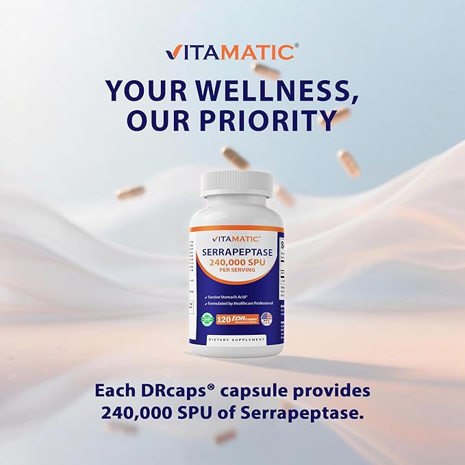 Vitamatic Serrapeptase 240000 SPU Servings 120 Delayed Released Capsules - Enteric Coated - Non-GMO- Made in the USA (120 Count (Pack of 2))