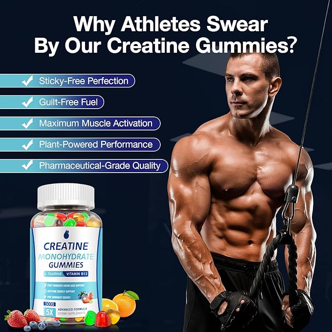 Creatine Gummies for Men &amp Women - Creatine Monohydrate Gummies 5g Muscle Builder Energy Boost &amp Pre-Workout Supplement Low Sugar Taurine Chewable Gummy 2 Pack
