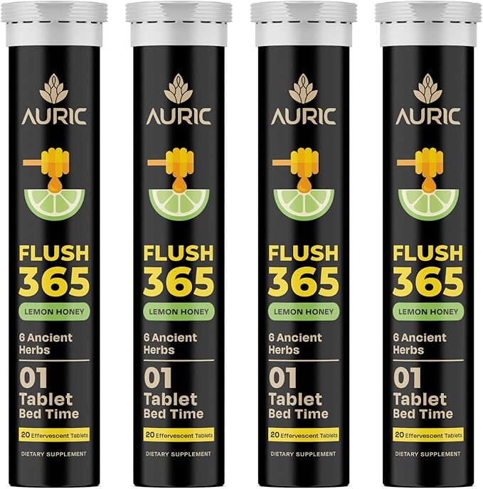Auric Flush 365 Effervescent 80 Tablets Herbal Digestive Support | with Triphala Isabgol Castor Oil &amp Senna | Honey Lemon Flavor | Support Bowel &amp Gut Cleanse | Plant-Based Supplement