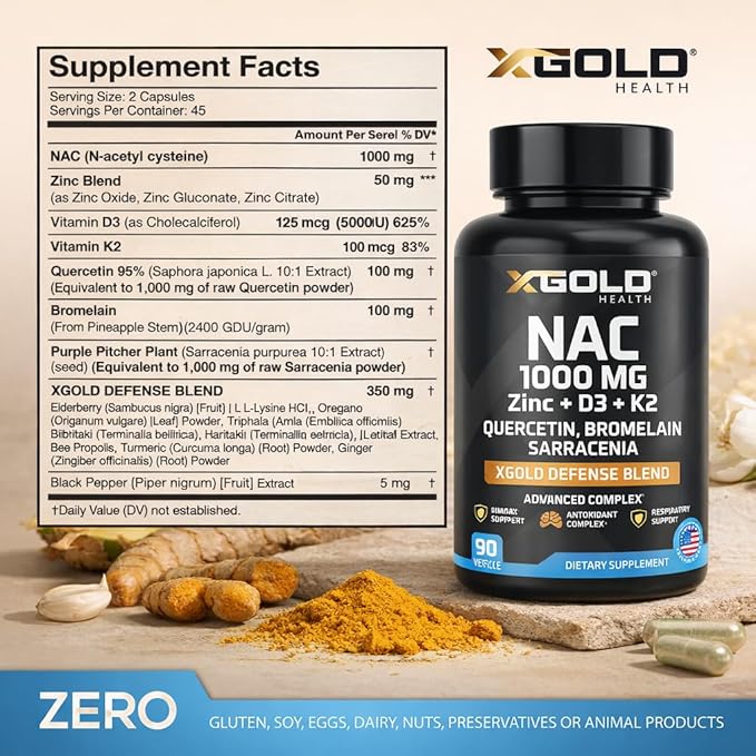 XGold Health NAC 1000 mg with Quercetin 95% Bromelain Zinc Vitamin C D3 &amp K2 Immune Support &amp Antioxidant Supplement Advanced Defense Blend 90 Veggie Capsules