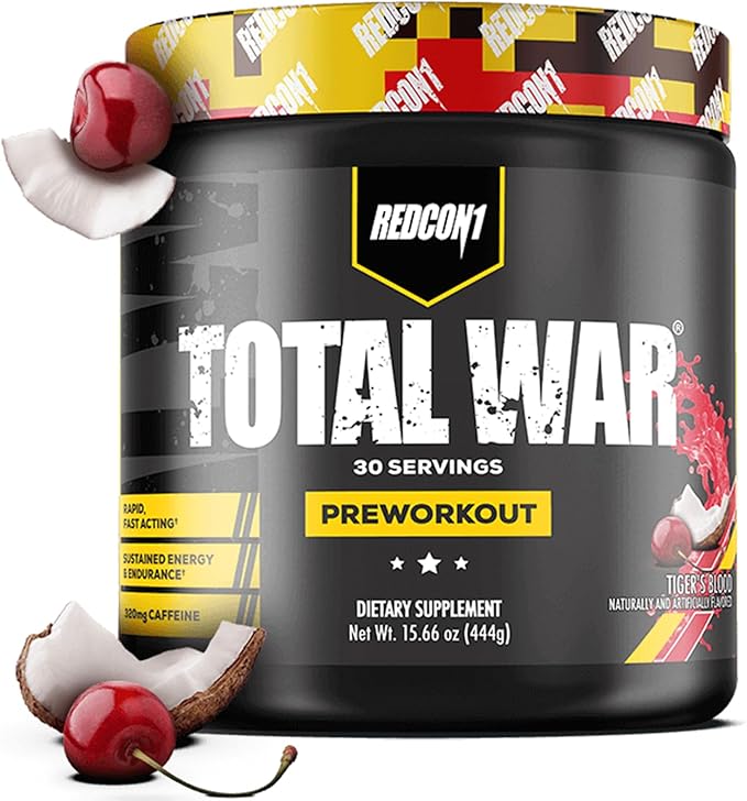 REDCON1 Total War Pre Workout Tiger's Blood - L Citrulline Malic Acid Green Tea Leaf Extract for Pump Boosting Pre Workout for Women &amp Men - 3.2g Beta Alanine to Reduce Exhaustion (30 Servings)