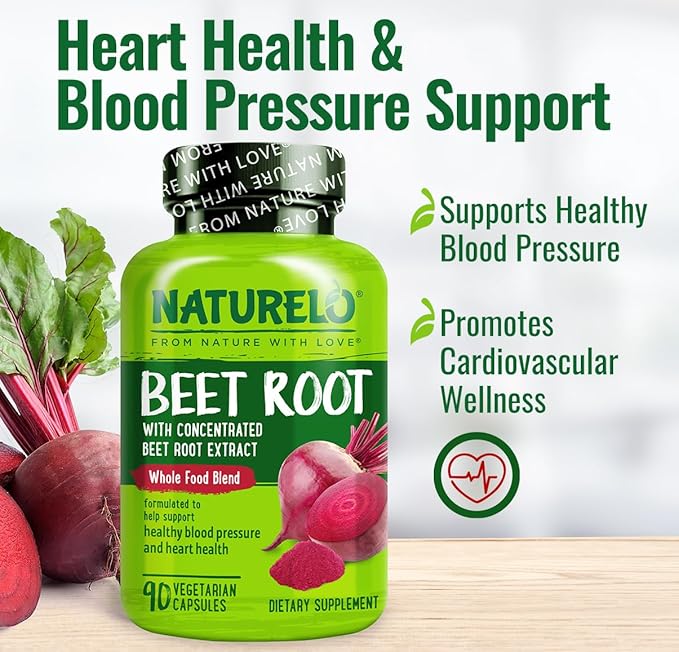NATURELO Beet Root 90 Capsules – Heart Health &amp Blood Pressure Support* – 1000mg Beet Root Extract + Whole Food Blend – Non-GMO Vegan Gluten-Free