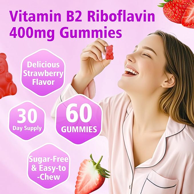 2 Pack Vitamin B2 Gummies- Riboflavin 400mg with Magnesium &amp CoQ10 &amp Vitamins for Kids &amp Adults Migraine Relief &amp Headache Relief - Strawberry Flavor 120 Gummies