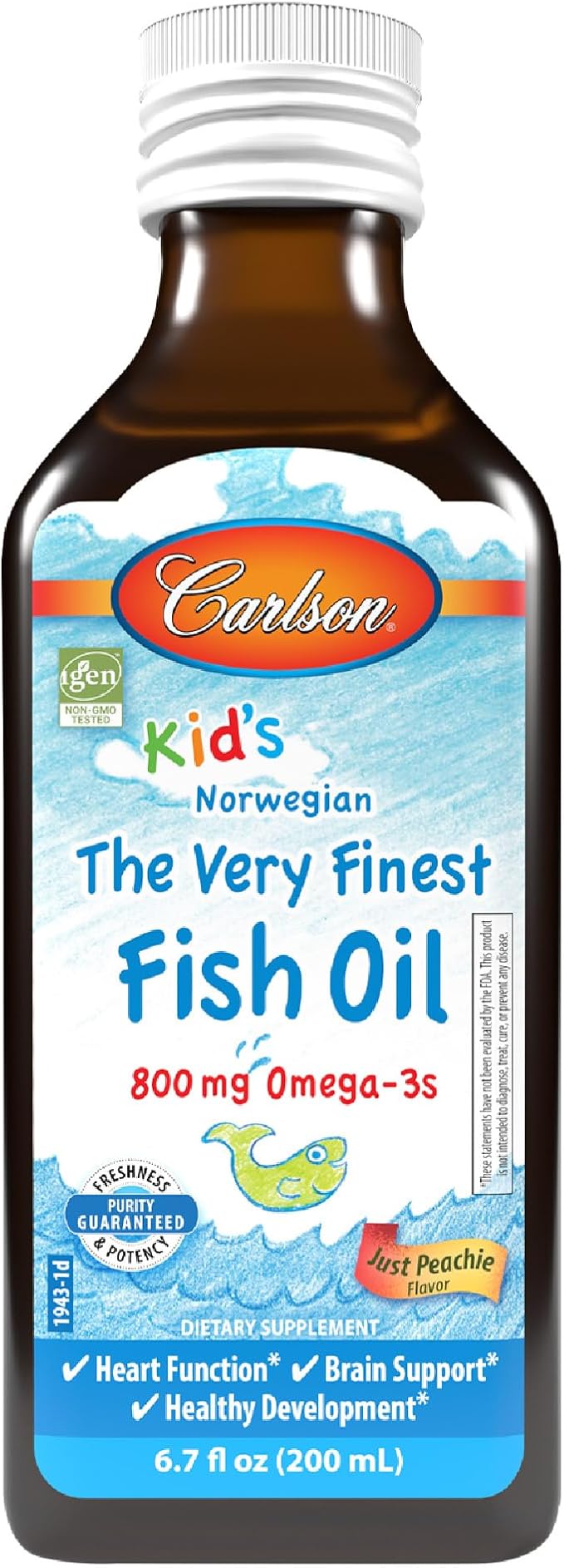 Carlson Kid's The Very Finest Fish Oil 800 mg Omega-3s Just Peachie Flavor 200 mL – Liquid Norwegian Fish Oil Wild-Caught &amp Sustainably Sourced