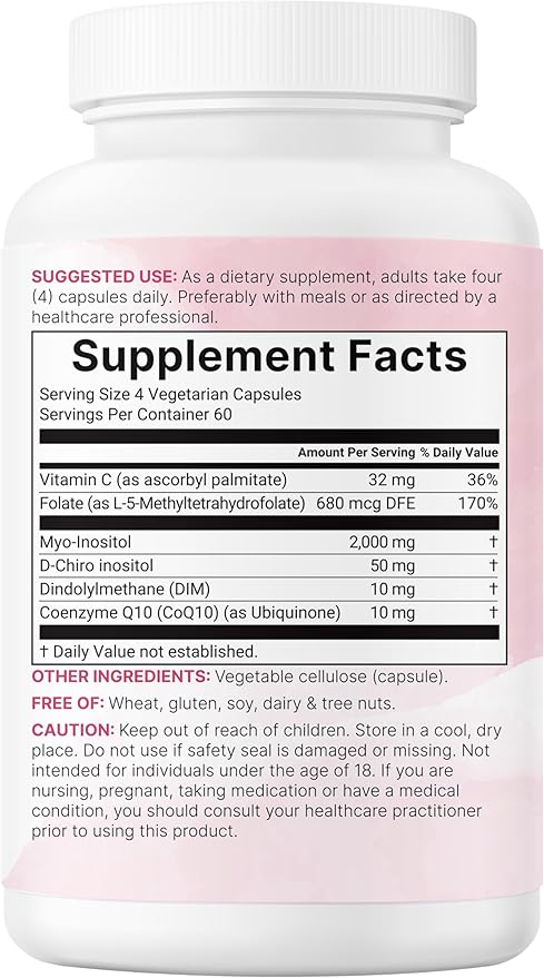 Myo-Inositol &amp D-Chiro Inositol 2050mg | 240 Veggie Capsules + Vitamin C Folate DIM &amp CoQ10 | Inositol Supplement for Women | 40:1 Ratio | Hormonal Balance &amp Ovarian Support | Filler F
