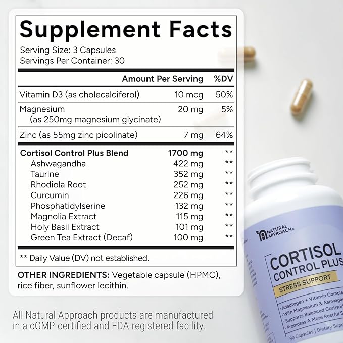 Cortisol Control Plus – Cortisol Supplement for Women &amp Men Cortisol Manager for Stress Response Support Calm Energy Mood &amp Restful Sleep – High-Potency Adaptogen + Vitamin Blend – 90 Capsu