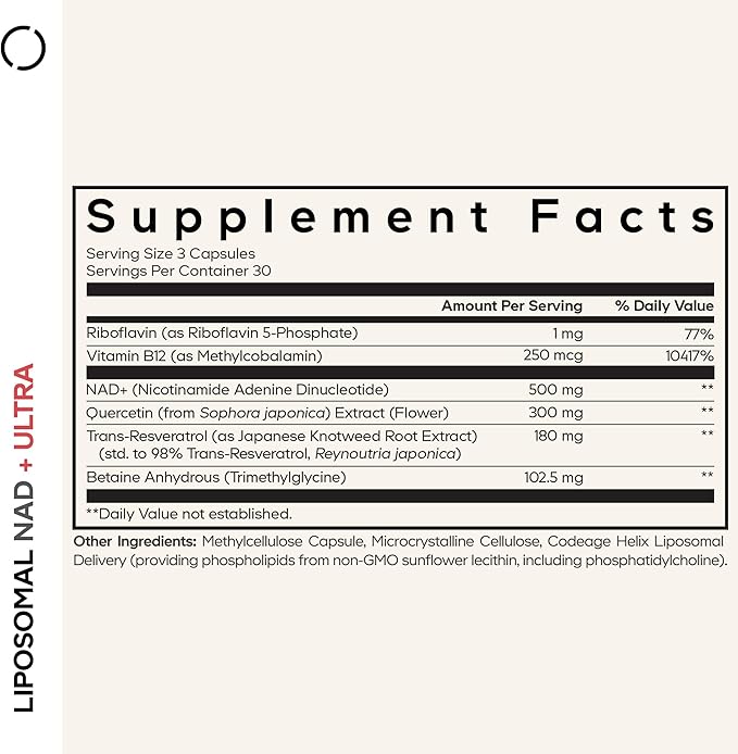 Codeage Liposomal NAD+ with Resveratrol &amp Vitamin B - NAD Plus Ultra for Energy &amp Healthy Aging Support - NAD Vitamin Supplement with Quercetin Betaine Riboflavin - Bioavailable - 90 Capsule
