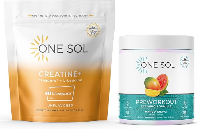 One Sol Creatine &amp Pre-Workout Bundle for Women: Boost Lean Muscle Recovery Energy &amp Focus with Natural Vegan Supplements (Unflavored Creatine &amp Mango Guava Pre-Workout)
